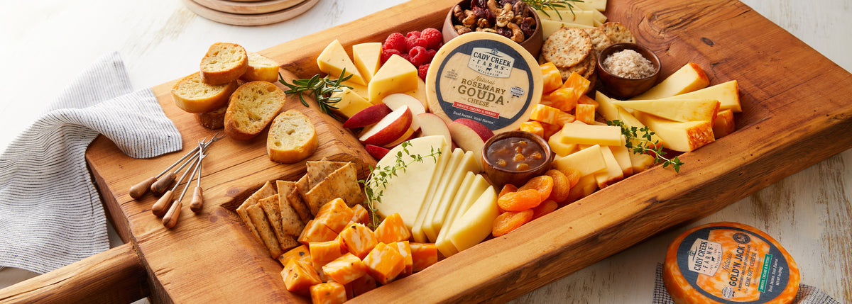 Cheese board featuring Cady Creek brand cheeses