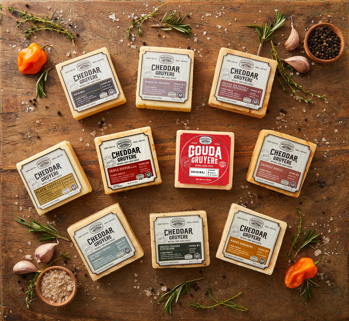 Assortment of Cheddar Gruyere cheeses